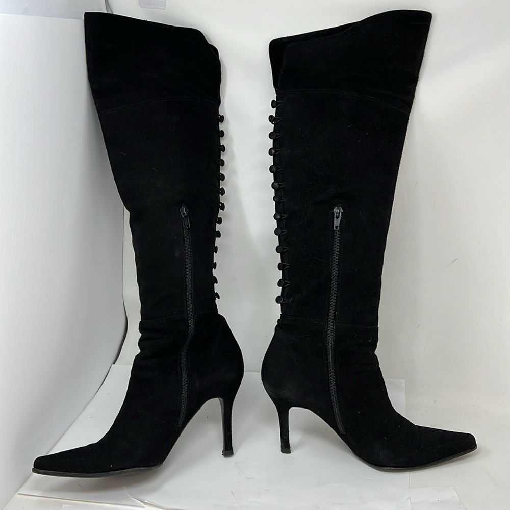 Stuart Weitzman Sz 8 Tall Black Suede Pull On Zipper Back Button Boots - Picture 2 of 11